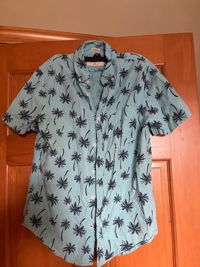 Hollister Light Teal Palm-Print Short Sleeve Button-Down Shirt